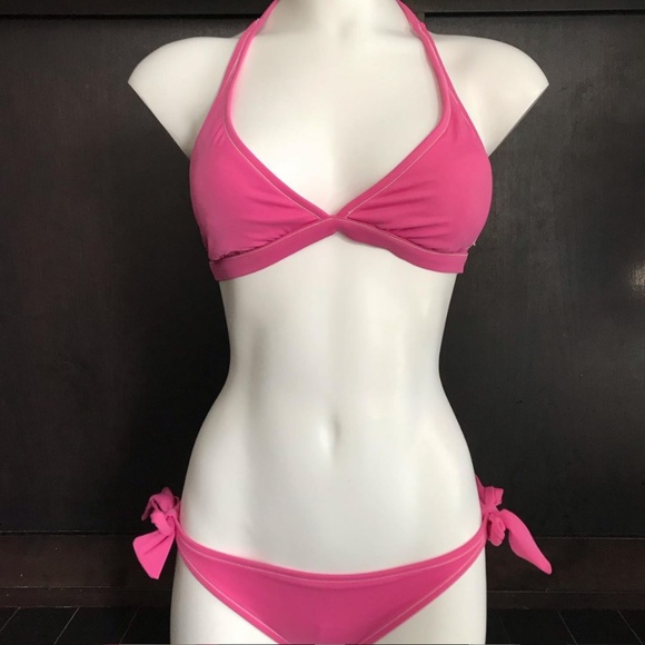 Billabong surf solid pink halter top low rise bottom bikini set - Picture 2 of 8